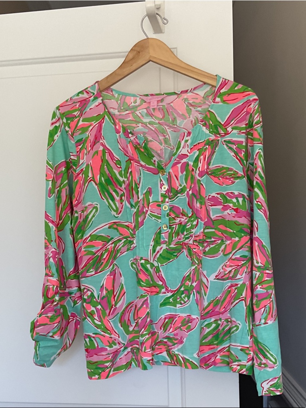 Lilly Pulitzer Pink & Mint Leaf-Print Button Front Blouse